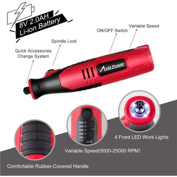 Cordless Rotary Tool 2.0 Ah 8V Rechargeable Rotary Tool with 4 Front LED Lights - Picture 2 of 6